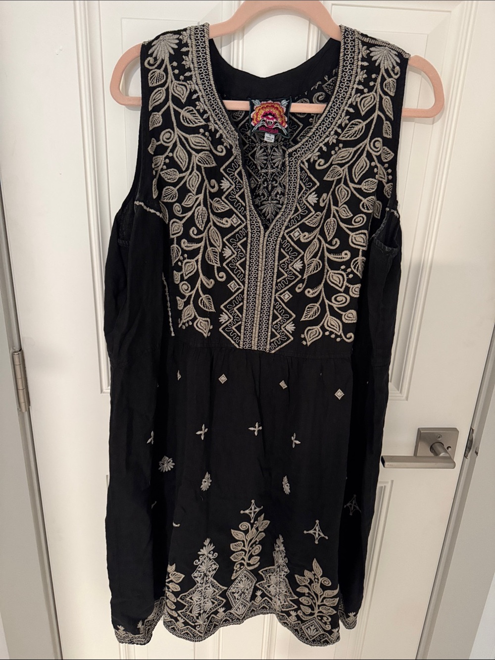 Johnny Was Black Sleeveless Embroidered Midi Dress